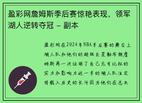 盈彩网詹姆斯季后赛惊艳表现，领军湖人逆转夺冠 - 副本