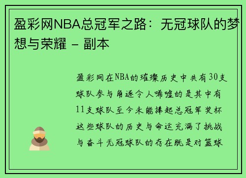 盈彩网NBA总冠军之路：无冠球队的梦想与荣耀 - 副本