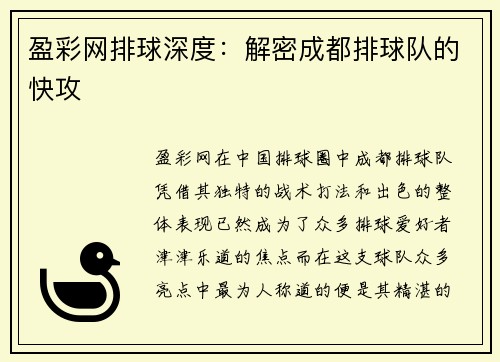 盈彩网排球深度：解密成都排球队的快攻