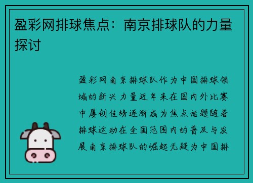 盈彩网排球焦点：南京排球队的力量探讨