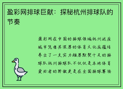 盈彩网排球巨献：探秘杭州排球队的节奏