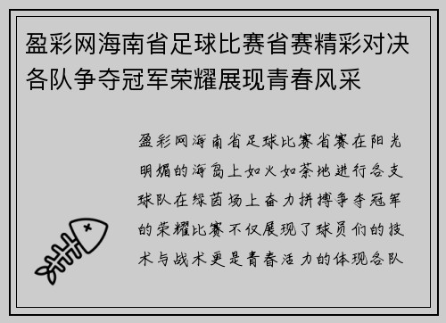 盈彩网海南省足球比赛省赛精彩对决各队争夺冠军荣耀展现青春风采