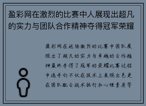 盈彩网在激烈的比赛中人展现出超凡的实力与团队合作精神夺得冠军荣耀